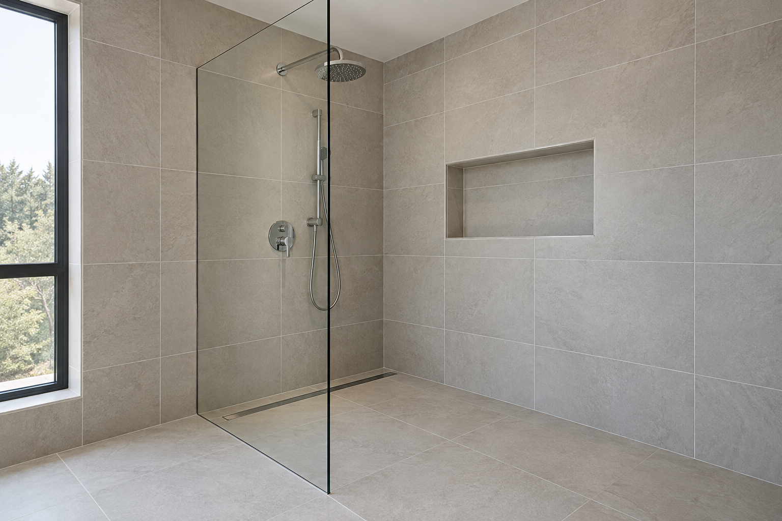 Tamamlanmış banyo seramikleri, duş alanı ve niş; insansız temsili görsel